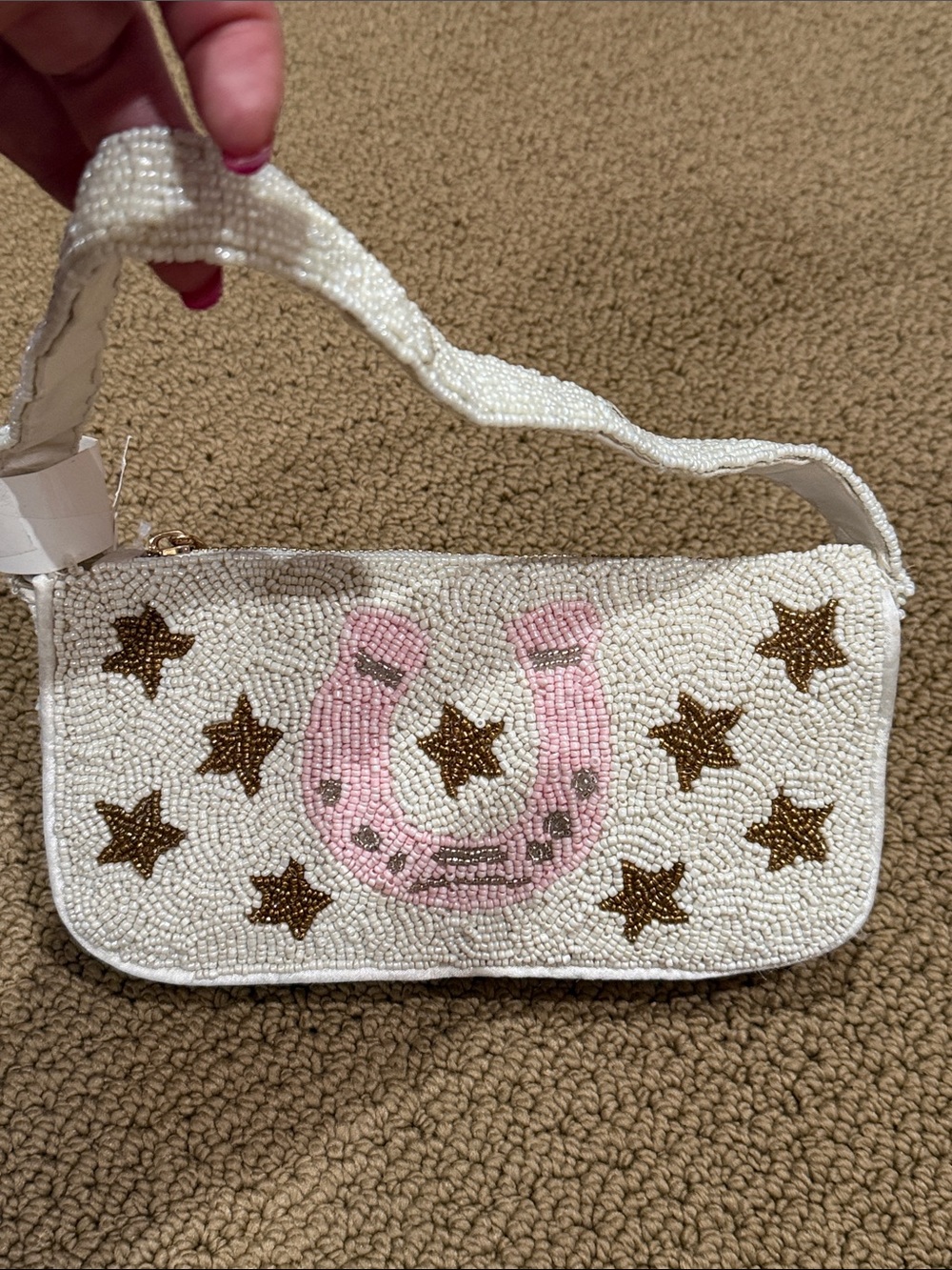 White Beaded cowgirl Purse with Pink Horseshoe and Gold Stars